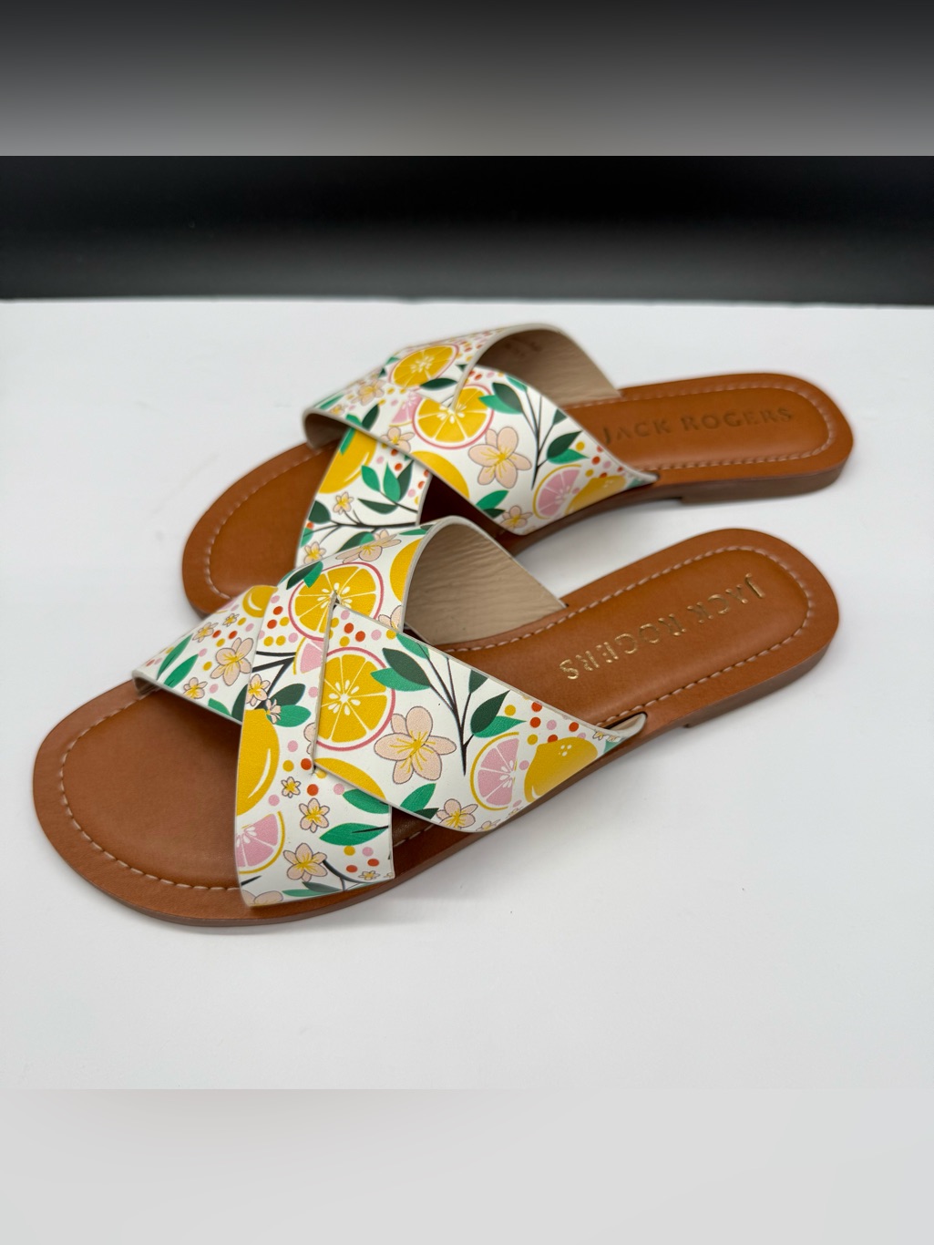 Jack Rogers Lemon Print Slotted Sloane X-Band Sandals Size 7 Excellent Cond.